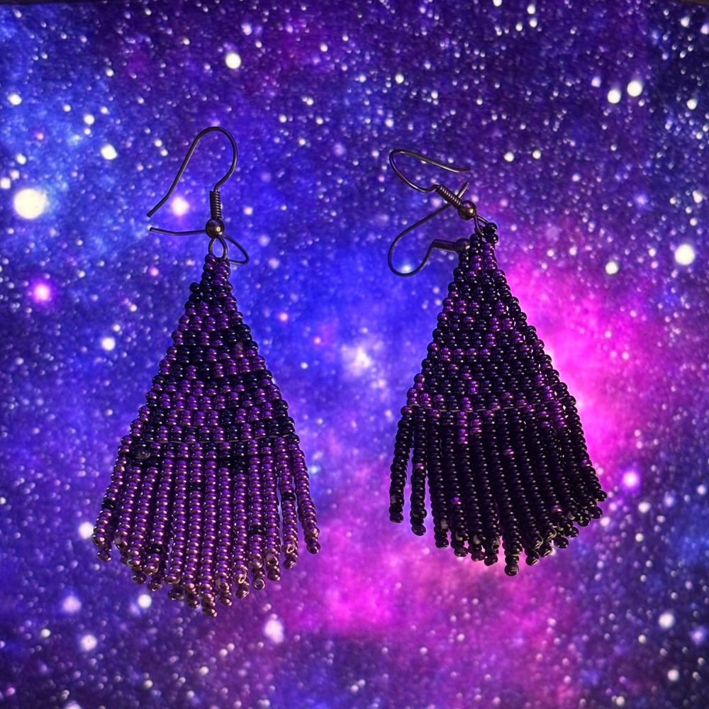 Handcrafted Purple Beaded Fringe Earrings with Fishhook Wires